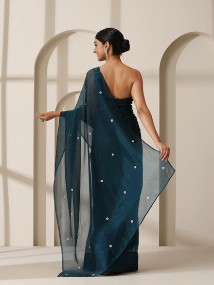 Dhiyona ST Prophecy Blue Shimmer Chiffon Saree with Beads and Self Fabric Blouse