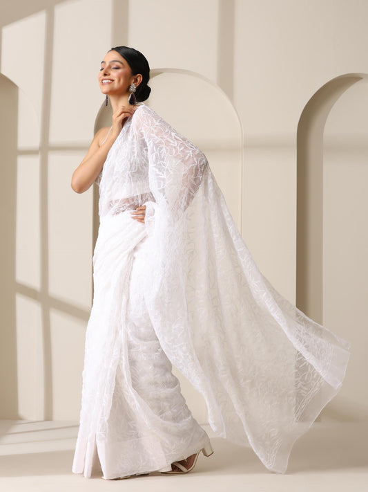 Dhiyona ST White Tepchi Hand Chikankari Pure Georgette Saree with Blouse Fabric