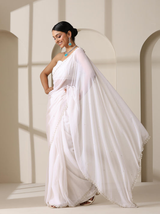 Dhiyona ST Amazing Grace White Hand Beaded Hill Georgette Saree with Beaded Blouse Fabric