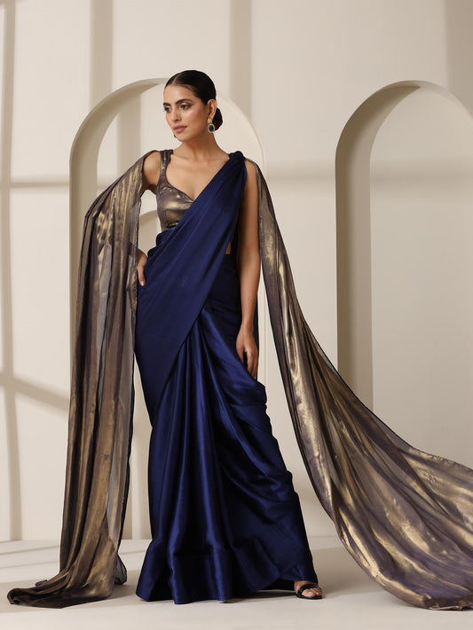 Dhiyona ST Royal Blue Chiffon Saree with Blue Gold Blouse Fabric