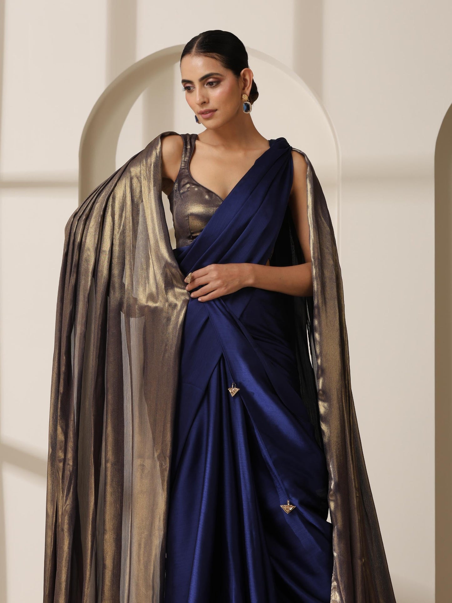 Dhiyona ST Royal Blue Chiffon Saree with Blue Gold Blouse Fabric