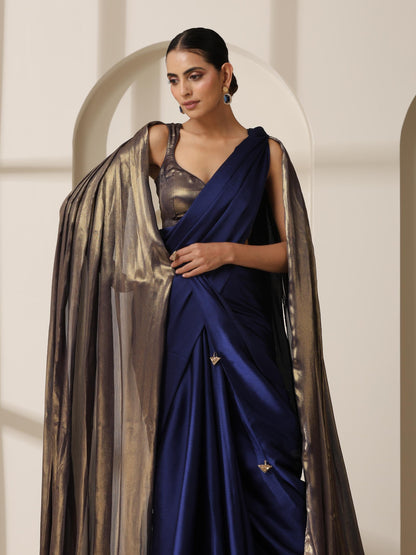 Dhiyona ST Royal Blue Chiffon Saree with Blue Gold Blouse Fabric