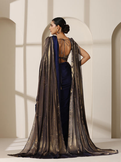 Dhiyona ST Royal Blue Chiffon Saree with Blue Gold Blouse Fabric