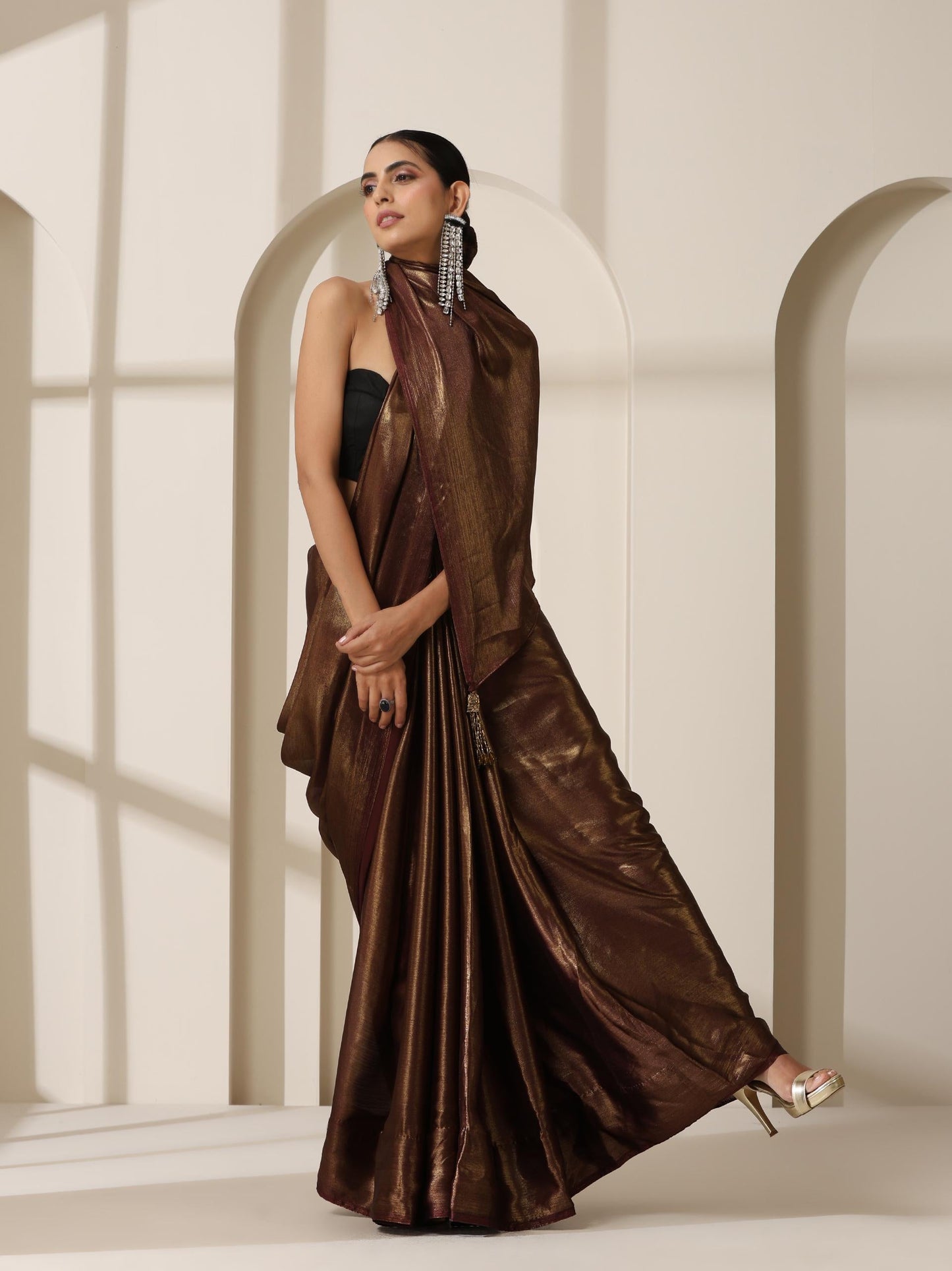 Dhiyona ST Gold Chocolate Chiffon Saree with Blouse Fabric