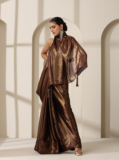Dhiyona ST Gold Chocolate Chiffon Saree with Blouse Fabric