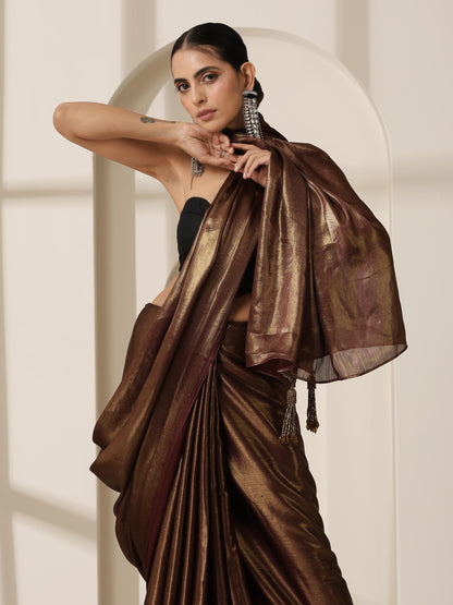 Dhiyona ST Gold Chocolate Chiffon Saree with Blouse Fabric