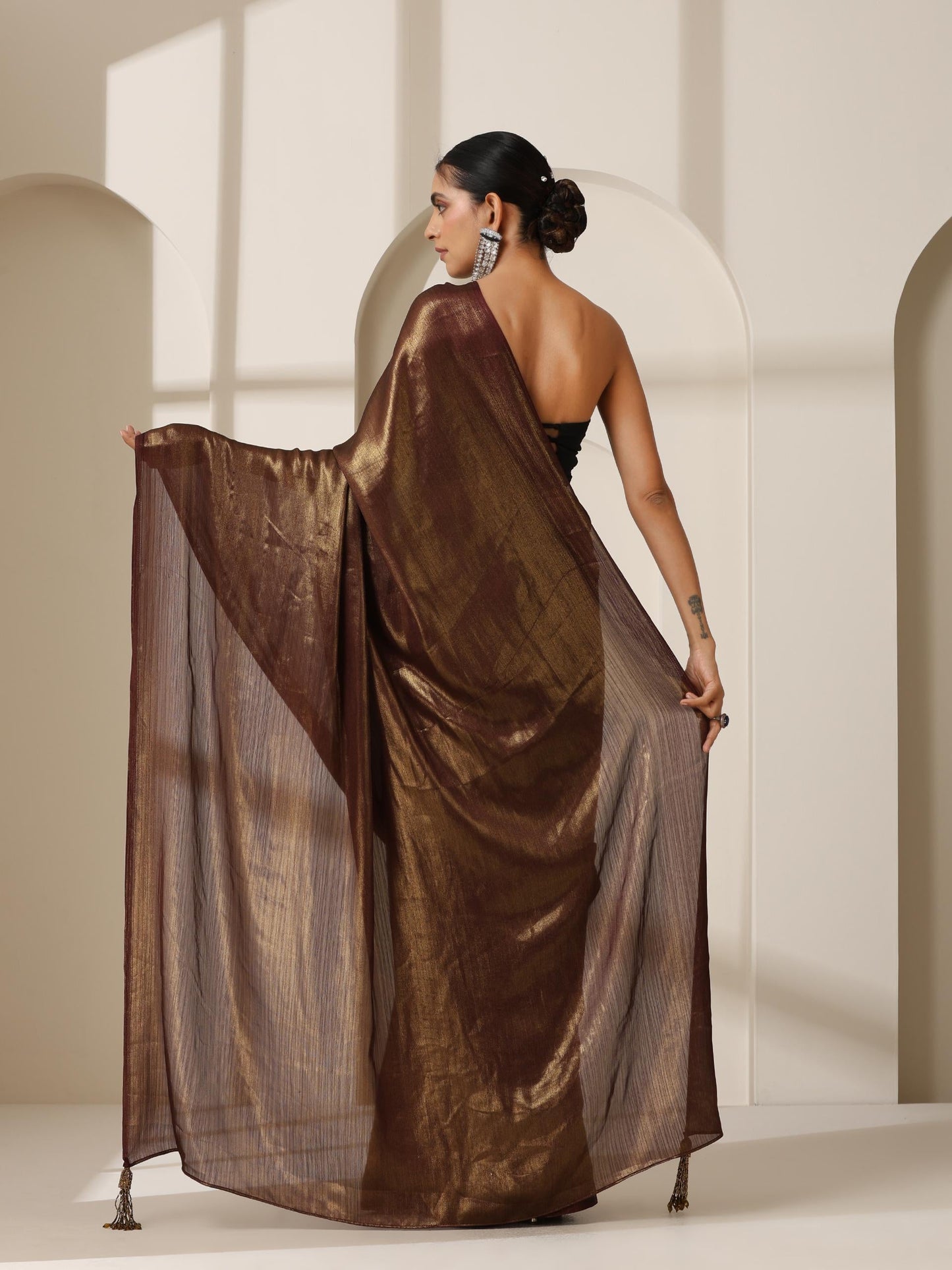 Dhiyona ST Gold Chocolate Chiffon Saree with Blouse Fabric