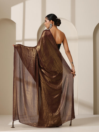 Dhiyona ST Gold Chocolate Chiffon Saree with Blouse Fabric
