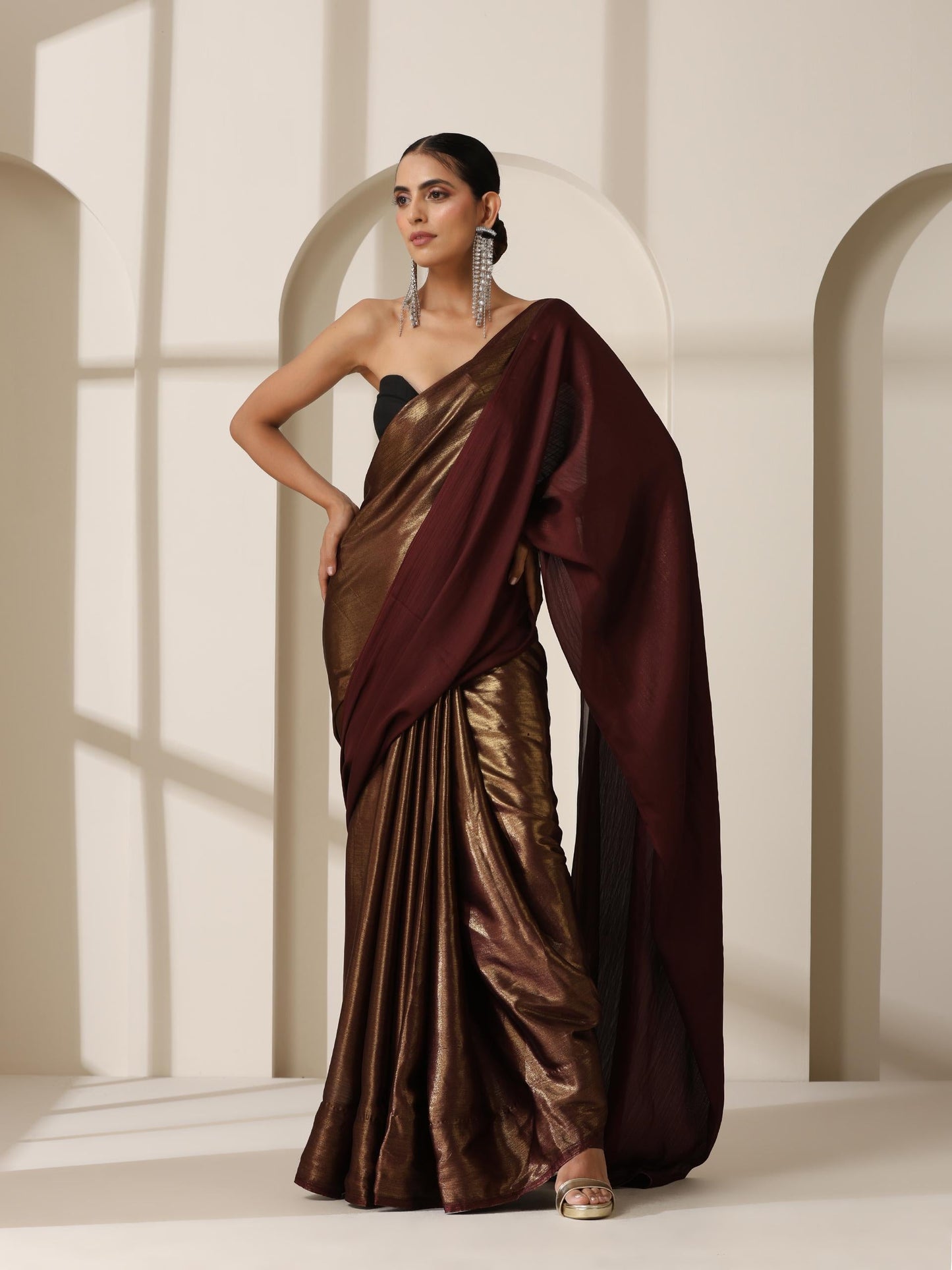 Dhiyona ST Gold Chocolate Chiffon Saree with Blouse Fabric