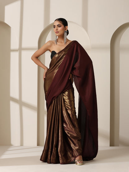Dhiyona ST Gold Chocolate Chiffon Saree with Blouse Fabric