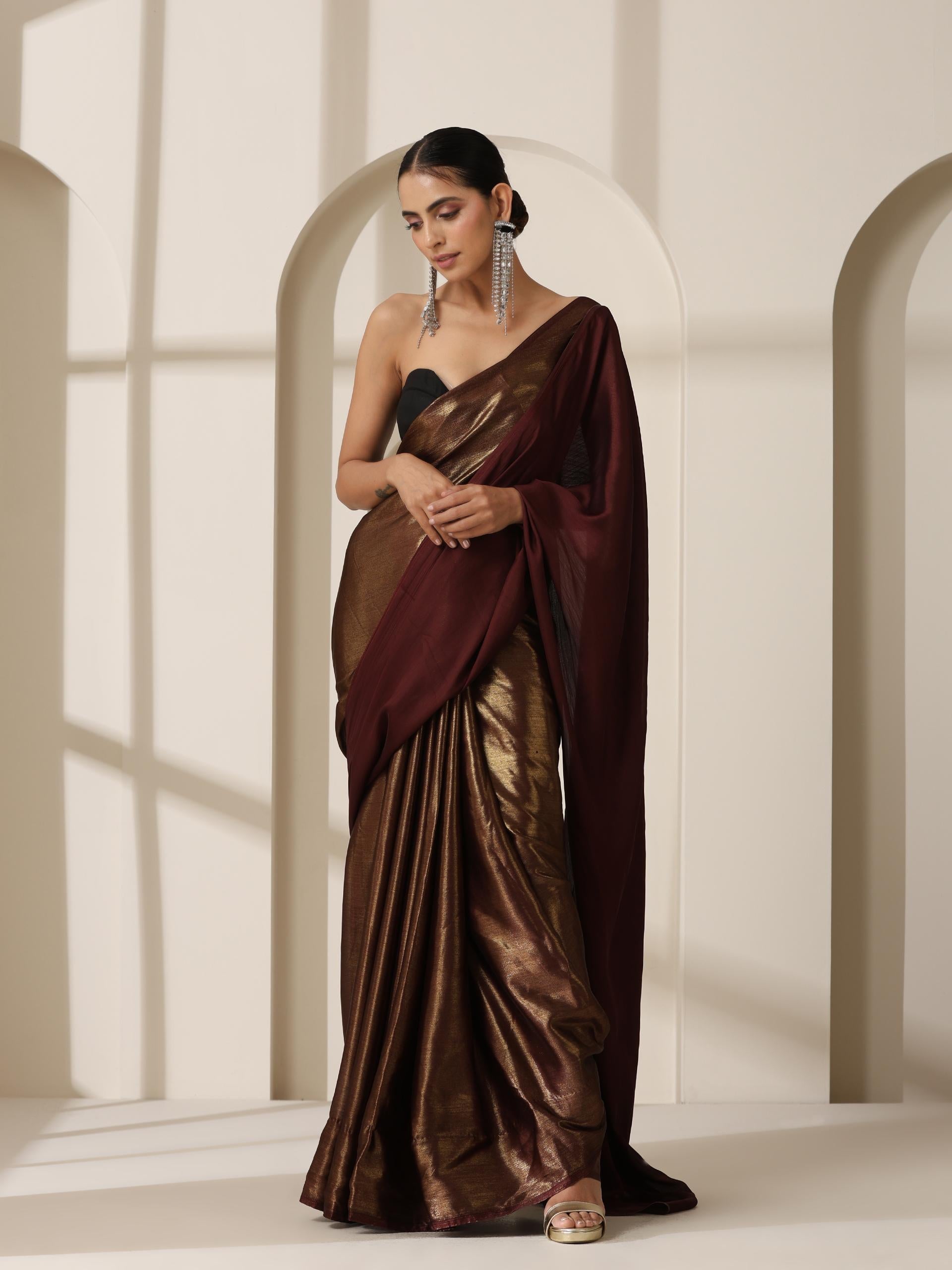 Dhiyona ST Gold Chocolate Chiffon Saree with Blouse Fabric