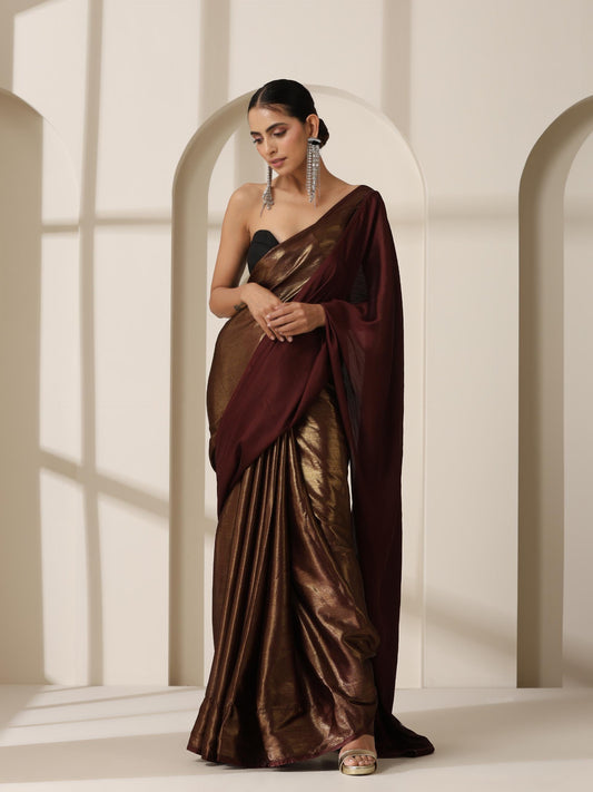 Dhiyona ST Gold Chocolate Chiffon Saree with Blouse Fabric
