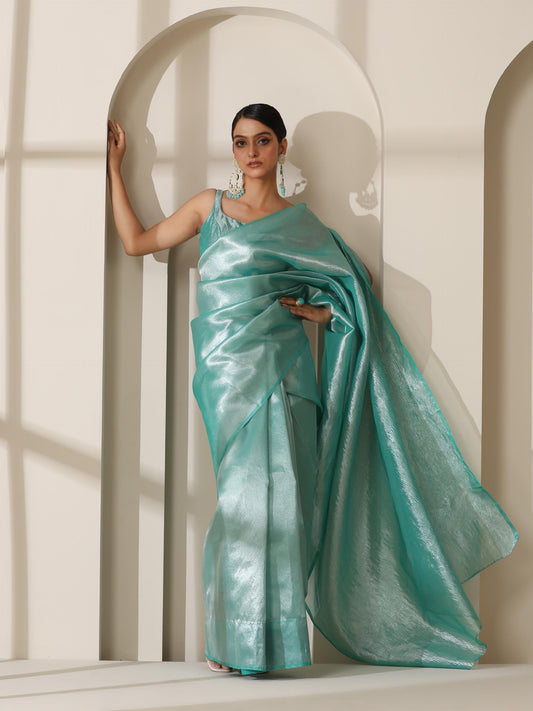 Dhiyona ST Maldives Blue Banarasi Tissue Saree with Crushed Pallu and Blouse Fabric