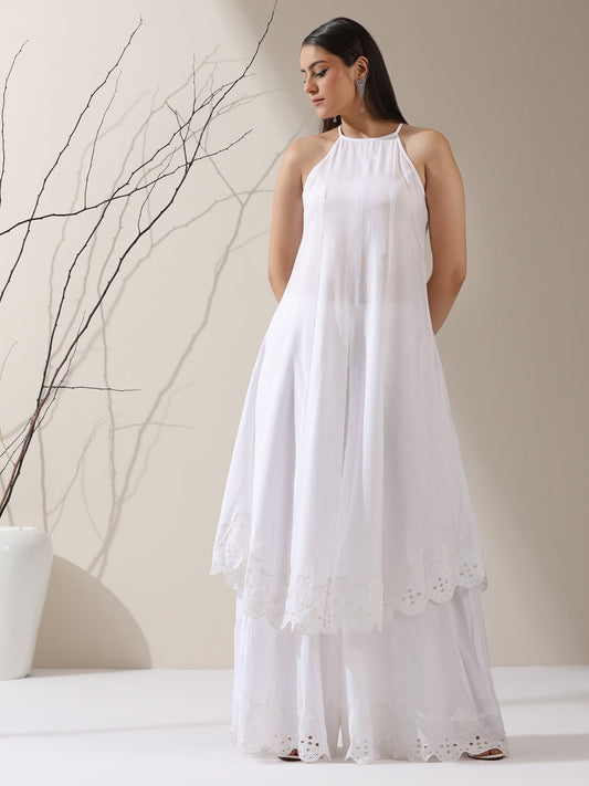 Dhiyona ST Women's White AirSkin Halter Schiffli Kurta with Schiffli Palazzo | 2 Pc Set, Lightweight Embroidered Co-ord, Elegant Summer Wear