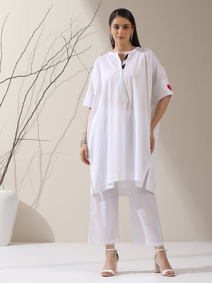 Dhiyona ST Women's White Cotton Kurta with Red Heart & Pants | 2 Pc Set, Easy Fit, Playful Everyday Ethnic Co-ord