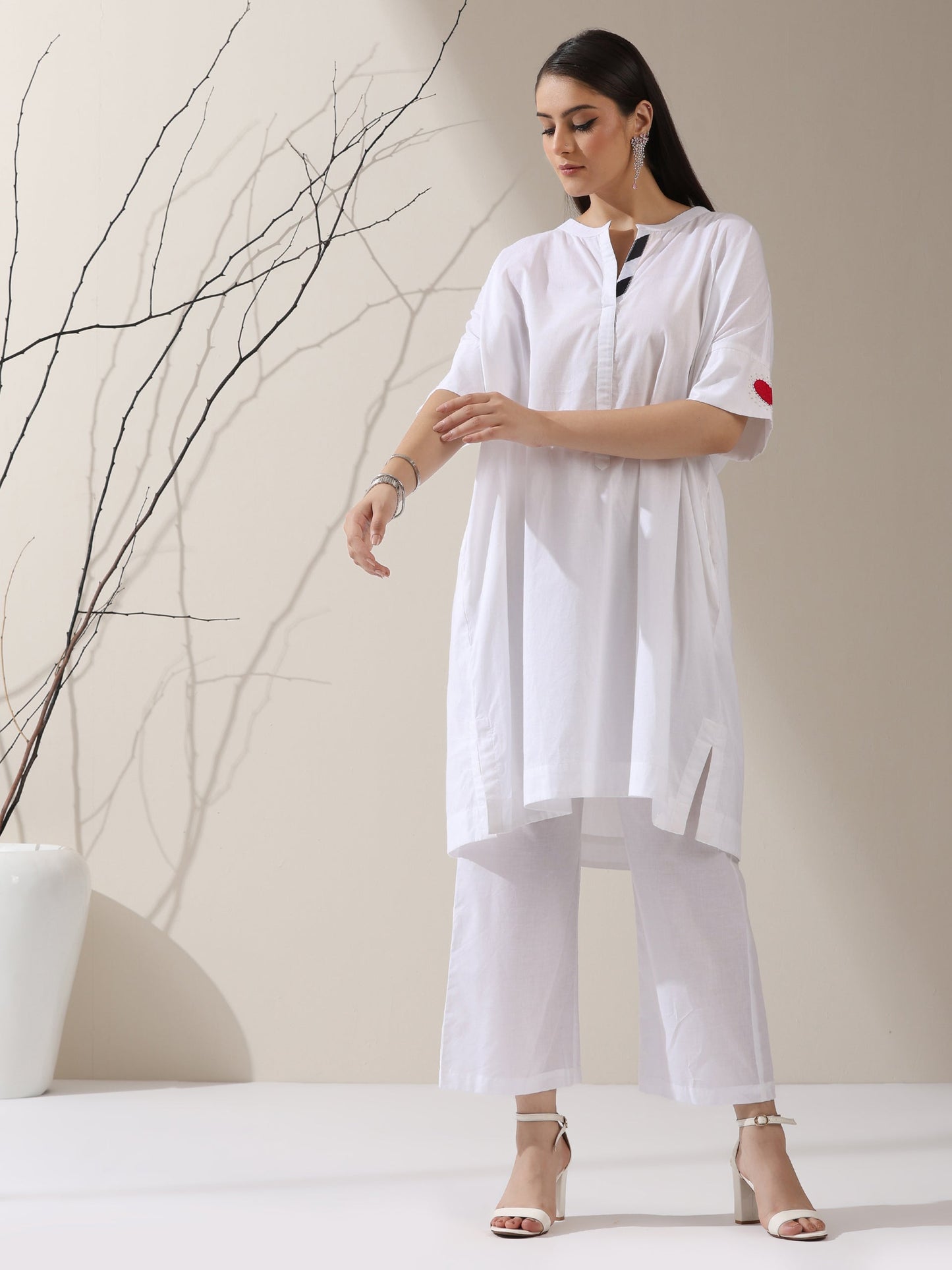 Dhiyona ST Women's White Cotton Kurta with Red Heart & Pants | 2 Pc Set, Easy Fit, Playful Everyday Ethnic Co-ord
