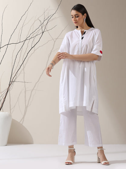 Dhiyona ST Women's White Cotton Kurta with Red Heart & Pants | 2 Pc Set, Easy Fit, Playful Everyday Ethnic Co-ord