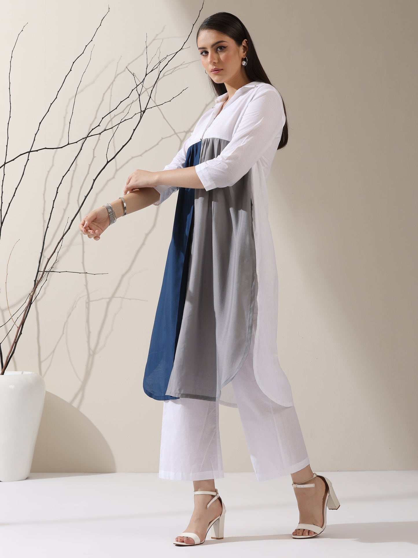 Dhiyona ST Women's White AirSkin Color Block Kurta with Navy & Grey Panels and Pants | 2 Pc Set, Cool Ethnic Co-ord, Contemporary Everyday Wear