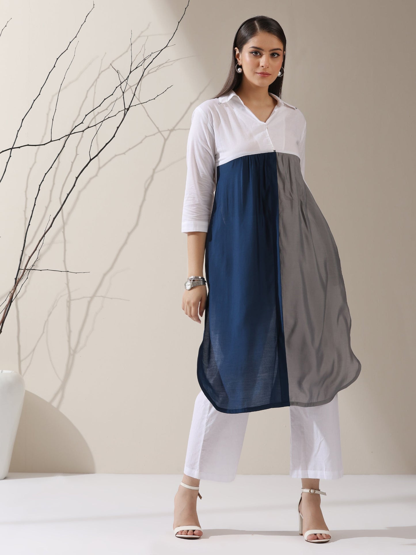 Dhiyona ST Women's White AirSkin Color Block Kurta with Navy & Grey Panels and Pants | 2 Pc Set, Cool Ethnic Co-ord, Contemporary Everyday Wear