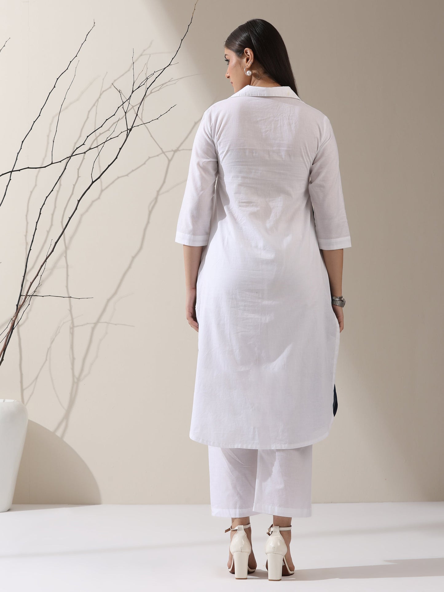 Dhiyona ST Women's White AirSkin Color Block Kurta with Navy & Grey Panels and Pants | 2 Pc Set, Cool Ethnic Co-ord, Contemporary Everyday Wear