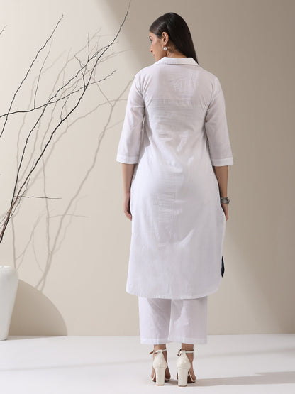 Dhiyona ST Women's White AirSkin Color Block Kurta with Navy & Grey Panels and Pants | 2 Pc Set, Cool Ethnic Co-ord, Contemporary Everyday Wear