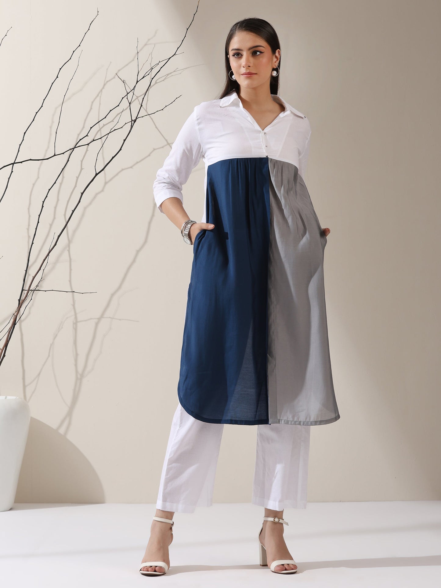 Dhiyona ST Women's White AirSkin Color Block Kurta with Navy & Grey Panels and Pants | 2 Pc Set, Cool Ethnic Co-ord, Contemporary Everyday Wear