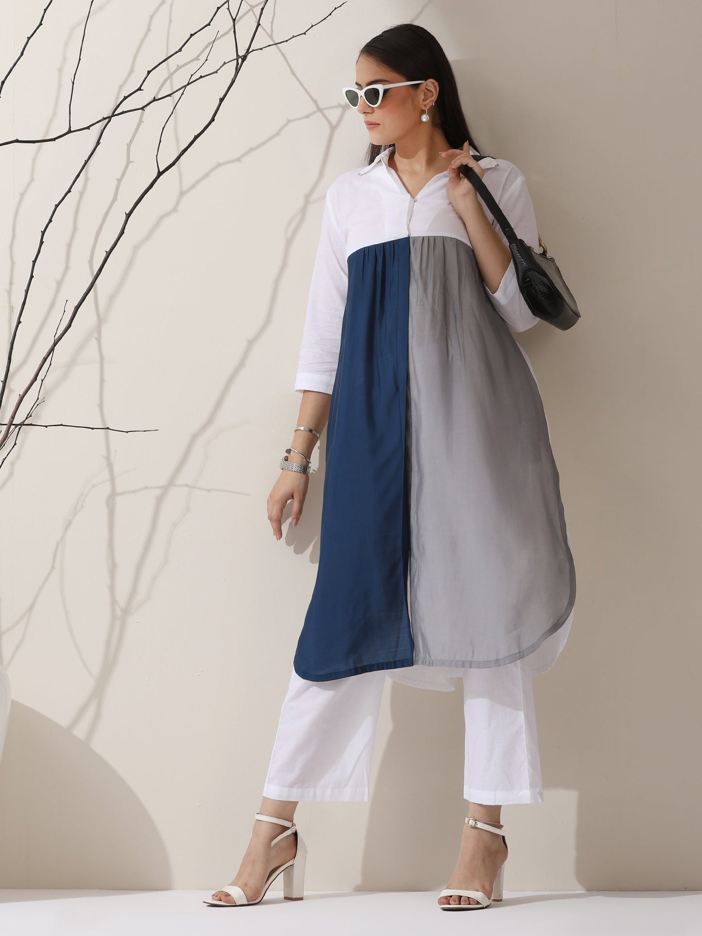 Dhiyona ST Women's White AirSkin Color Block Kurta with Navy & Grey Panels and Pants | 2 Pc Set, Cool Ethnic Co-ord, Contemporary Everyday Wear