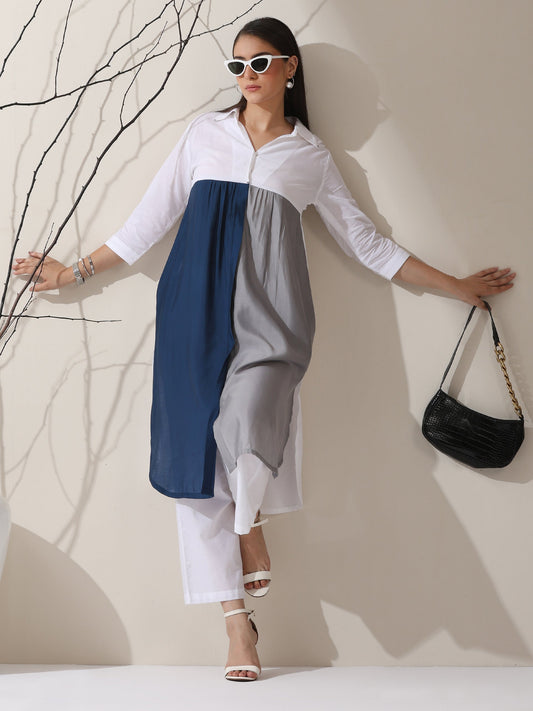 Dhiyona ST Women's White AirSkin Color Block Kurta with Navy & Grey Panels and Pants | 2 Pc Set, Cool Ethnic Co-ord, Contemporary Everyday Wear