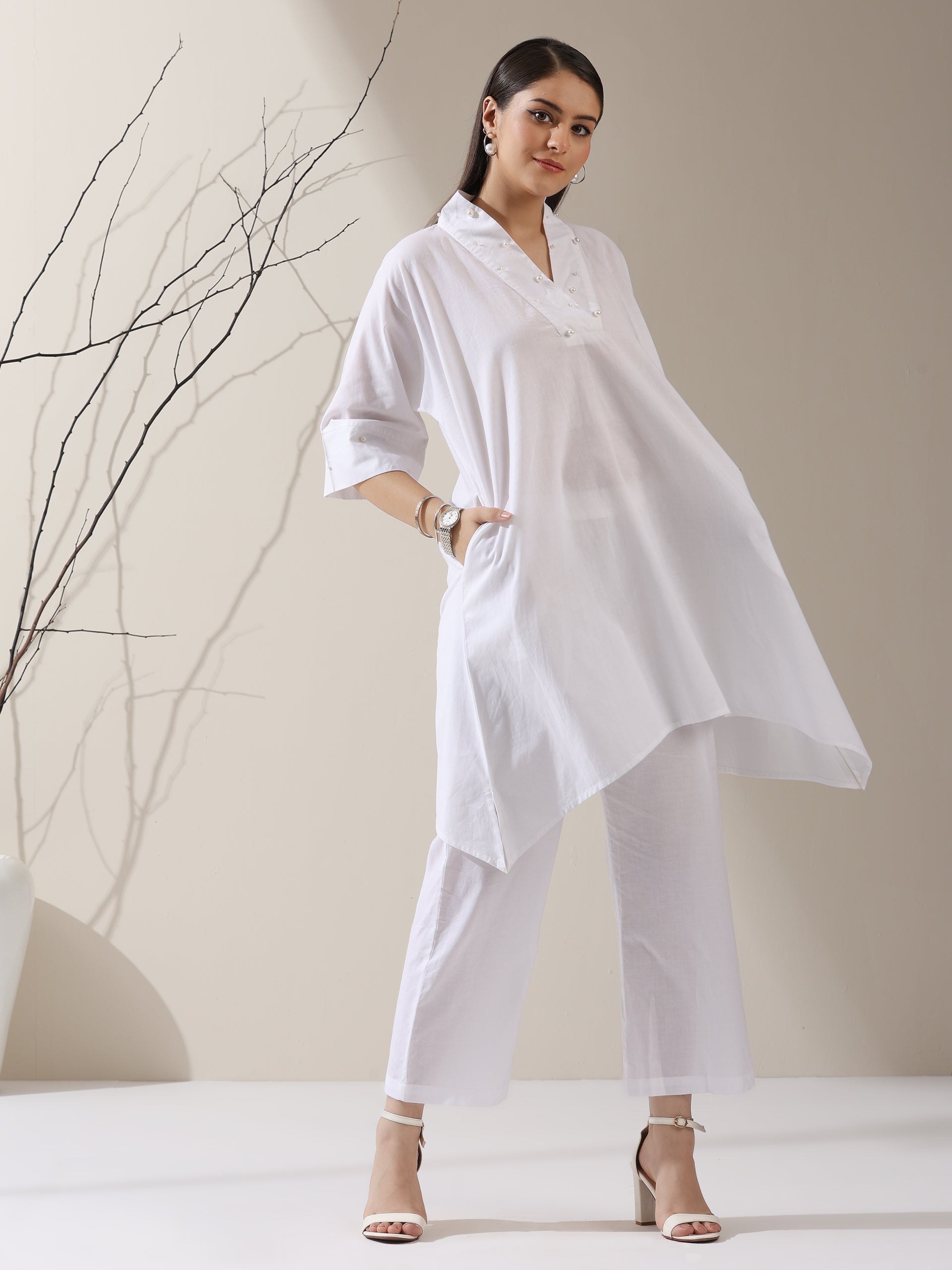 Dhiyona ST 2-Piece White Cotton Kurta Set for Women – Japanese-Inspired Design with Pearl Detailing & Pants | Elegant Ethnic Co-ord