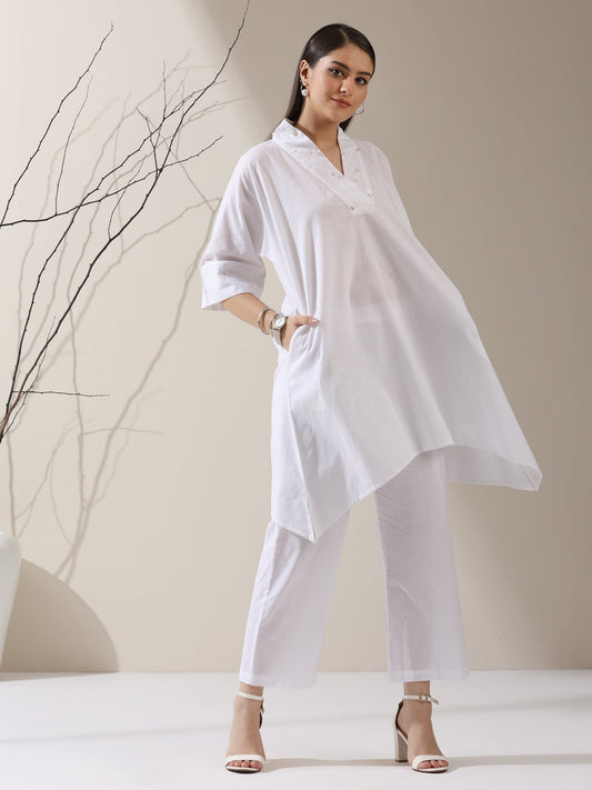 Dhiyona ST 2-Piece White Cotton Kurta Set for Women – Japanese-Inspired Design with Pearl Detailing & Pants | Elegant Ethnic Co-ord