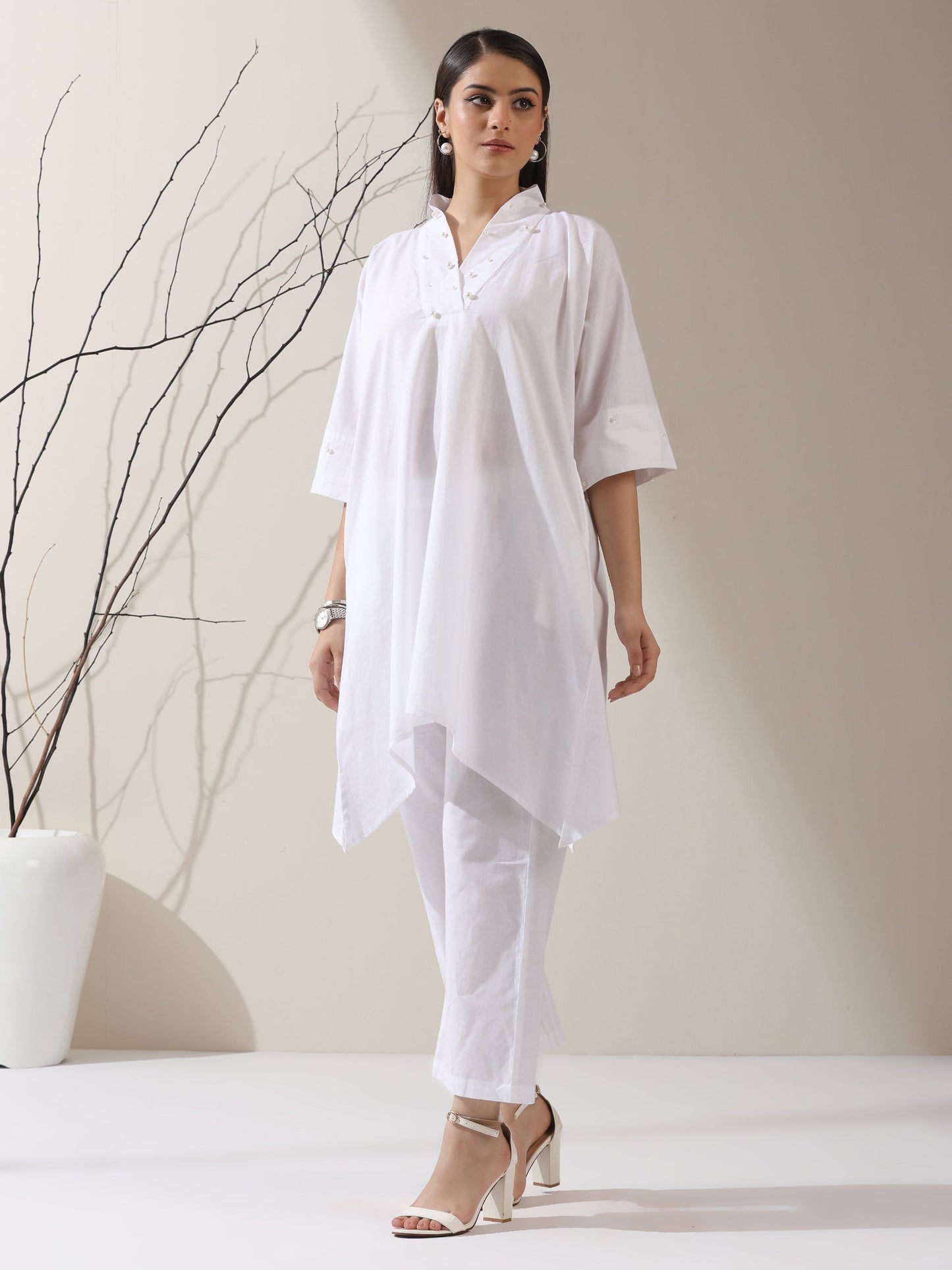 Dhiyona ST 2-Piece White Cotton Kurta Set for Women – Japanese-Inspired Design with Pearl Detailing & Pants | Elegant Ethnic Co-ord