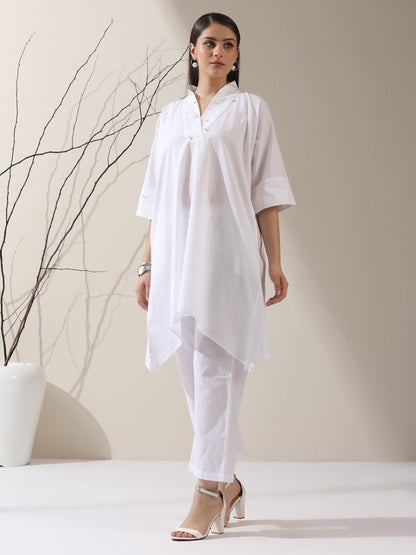 Dhiyona ST 2-Piece White Cotton Kurta Set for Women – Japanese-Inspired Design with Pearl Detailing & Pants | Elegant Ethnic Co-ord