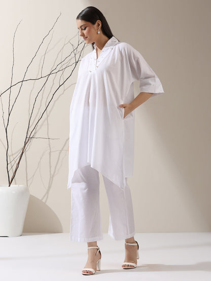 Dhiyona ST 2-Piece White Cotton Kurta Set for Women – Japanese-Inspired Design with Pearl Detailing & Pants | Elegant Ethnic Co-ord
