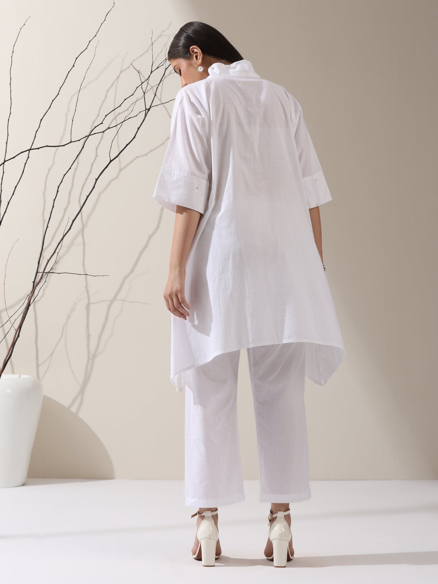 Dhiyona ST 2-Piece White Cotton Kurta Set for Women – Japanese-Inspired Design with Pearl Detailing & Pants | Elegant Ethnic Co-ord