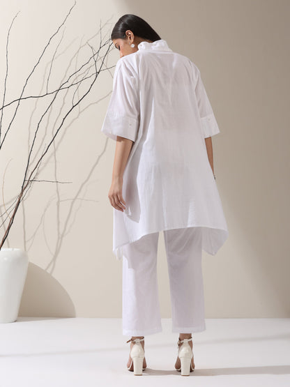 Dhiyona ST 2-Piece White Cotton Kurta Set for Women – Japanese-Inspired Design with Pearl Detailing & Pants | Elegant Ethnic Co-ord