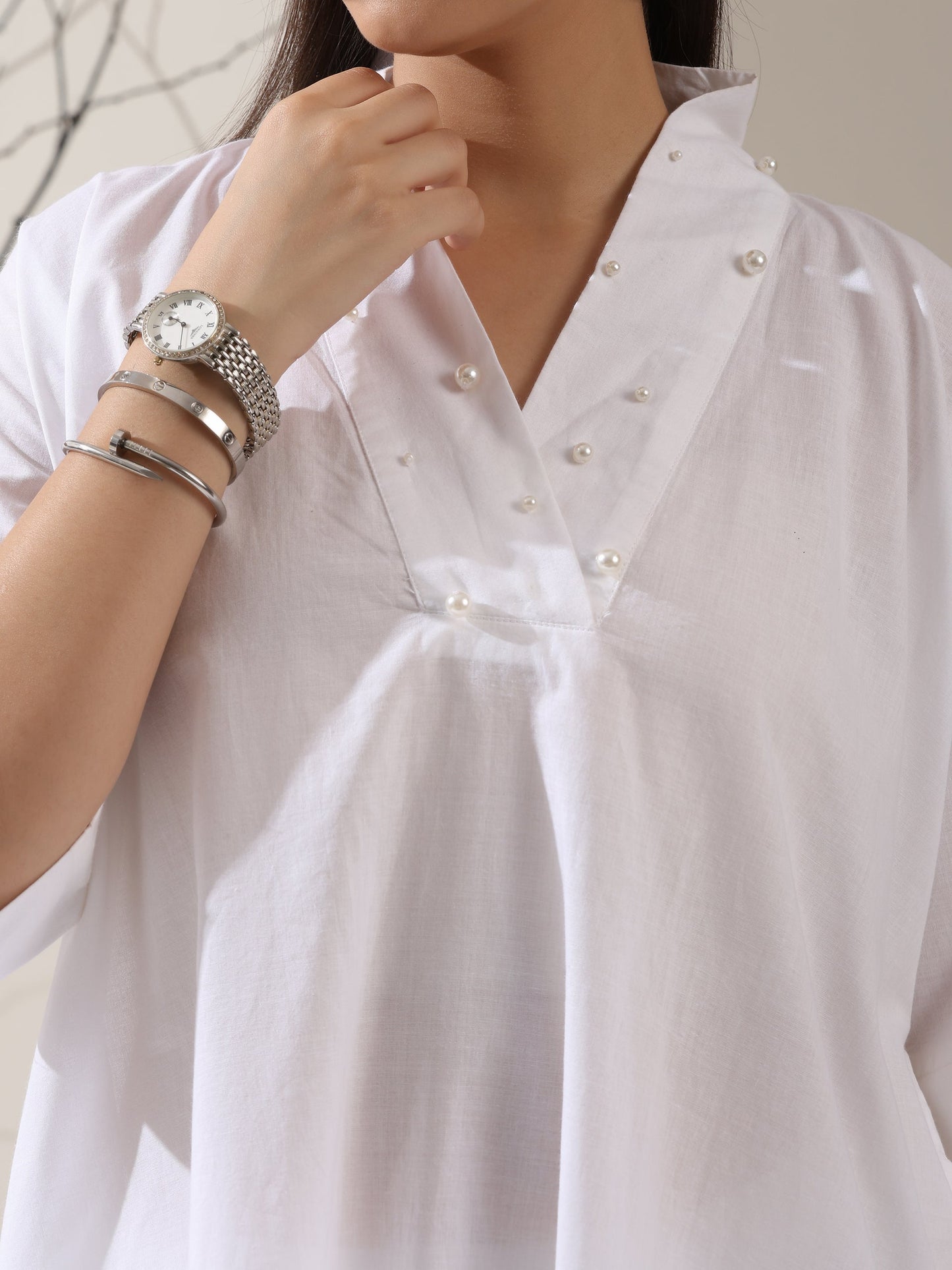 Dhiyona ST 2-Piece White Cotton Kurta Set for Women – Japanese-Inspired Design with Pearl Detailing & Pants | Elegant Ethnic Co-ord