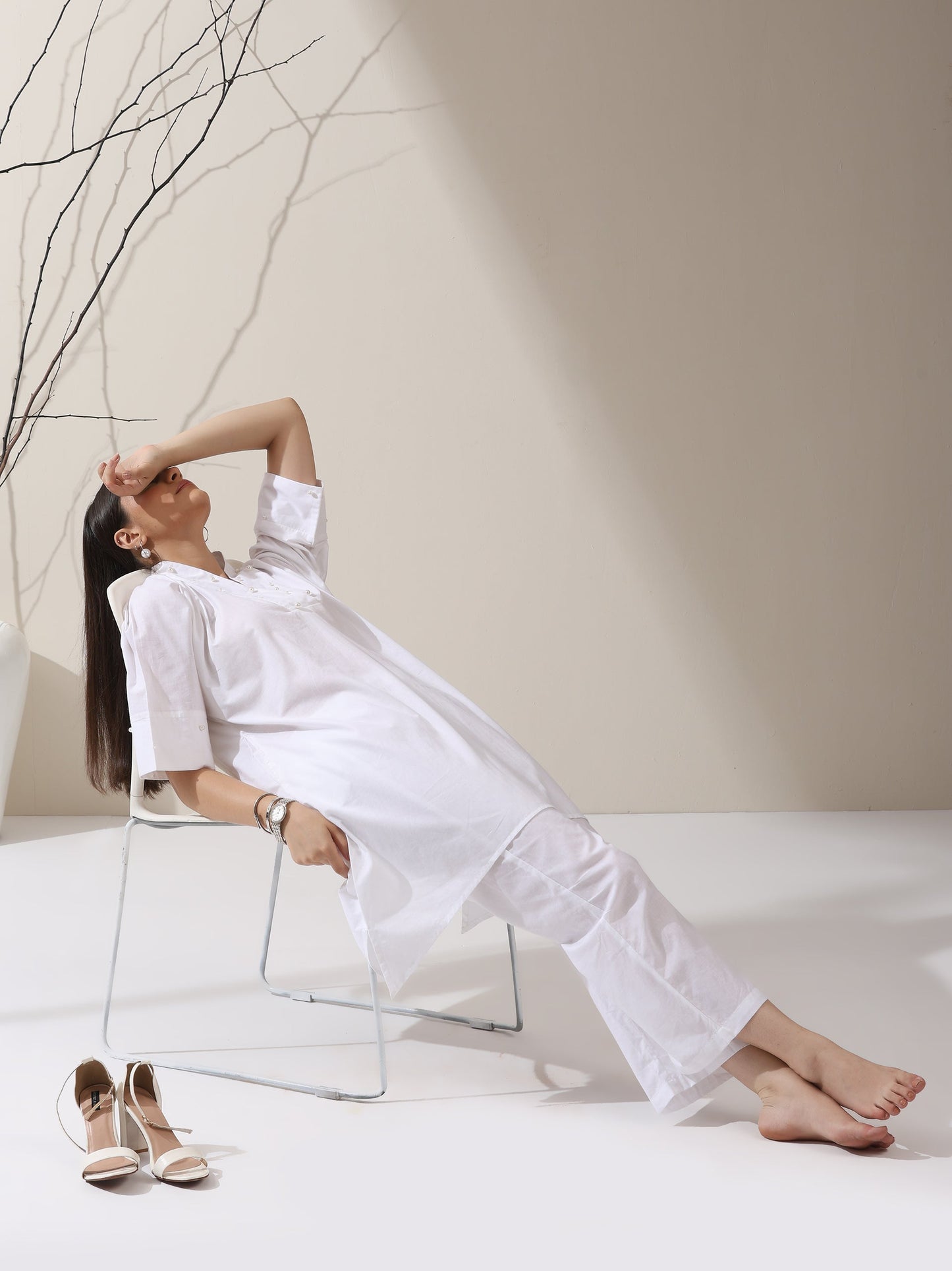 Dhiyona ST 2-Piece White Cotton Kurta Set for Women – Japanese-Inspired Design with Pearl Detailing & Pants | Elegant Ethnic Co-ord