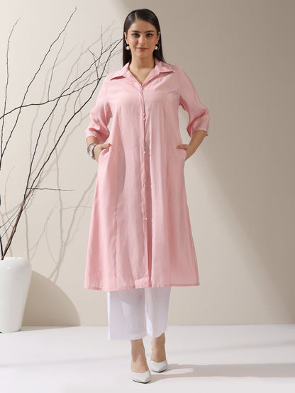Dhiyona ST Women's Pink AirSkin Paneled Kurta with Triangle Beads and Pants | 2 Pc Set, Lightweight Ethnic Co-ord, Elegant Everyday Wear