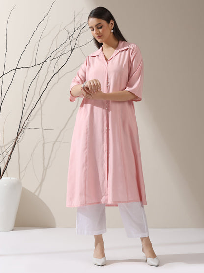 Dhiyona ST Women's Pink AirSkin Paneled Kurta with Triangle Beads and Pants | 2 Pc Set, Lightweight Ethnic Co-ord, Elegant Everyday Wear