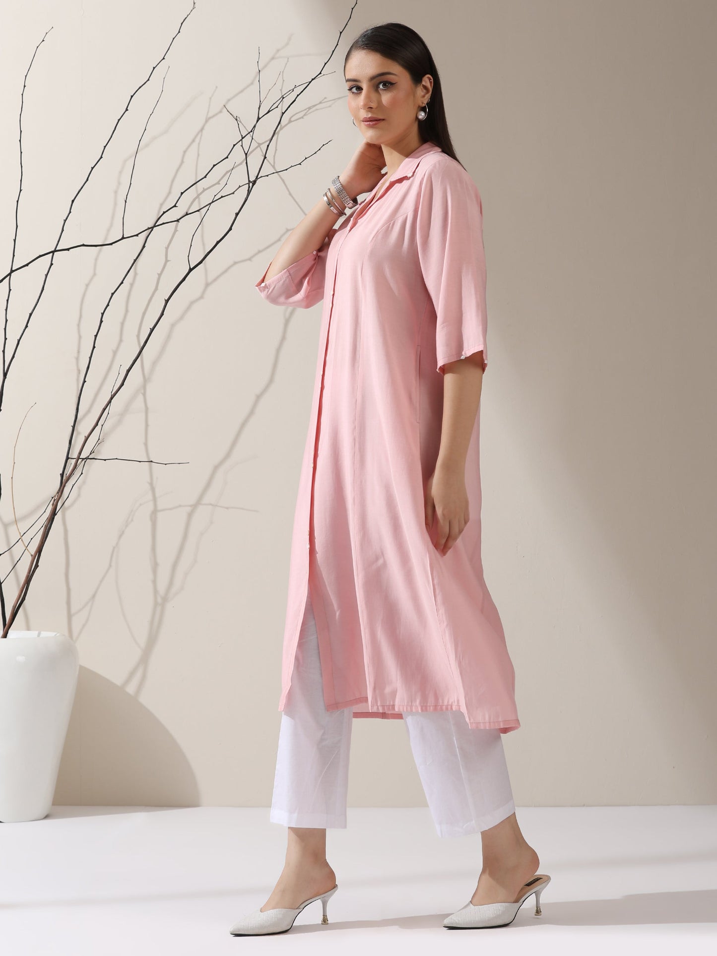Dhiyona ST Women's Pink AirSkin Paneled Kurta with Triangle Beads and Pants | 2 Pc Set, Lightweight Ethnic Co-ord, Elegant Everyday Wear