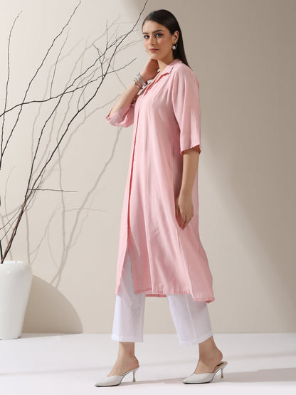 Dhiyona ST Women's Pink AirSkin Paneled Kurta with Triangle Beads and Pants | 2 Pc Set, Lightweight Ethnic Co-ord, Elegant Everyday Wear