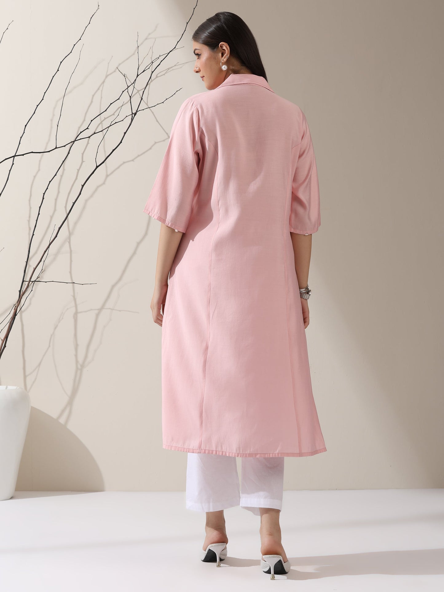 Dhiyona ST Women's Pink AirSkin Paneled Kurta with Triangle Beads and Pants | 2 Pc Set, Lightweight Ethnic Co-ord, Elegant Everyday Wear