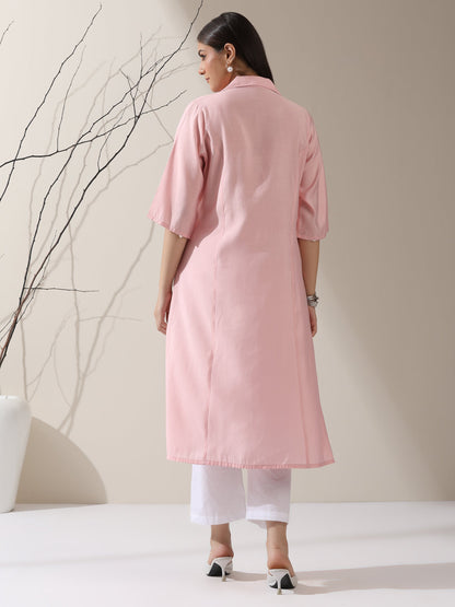 Dhiyona ST Women's Pink AirSkin Paneled Kurta with Triangle Beads and Pants | 2 Pc Set, Lightweight Ethnic Co-ord, Elegant Everyday Wear