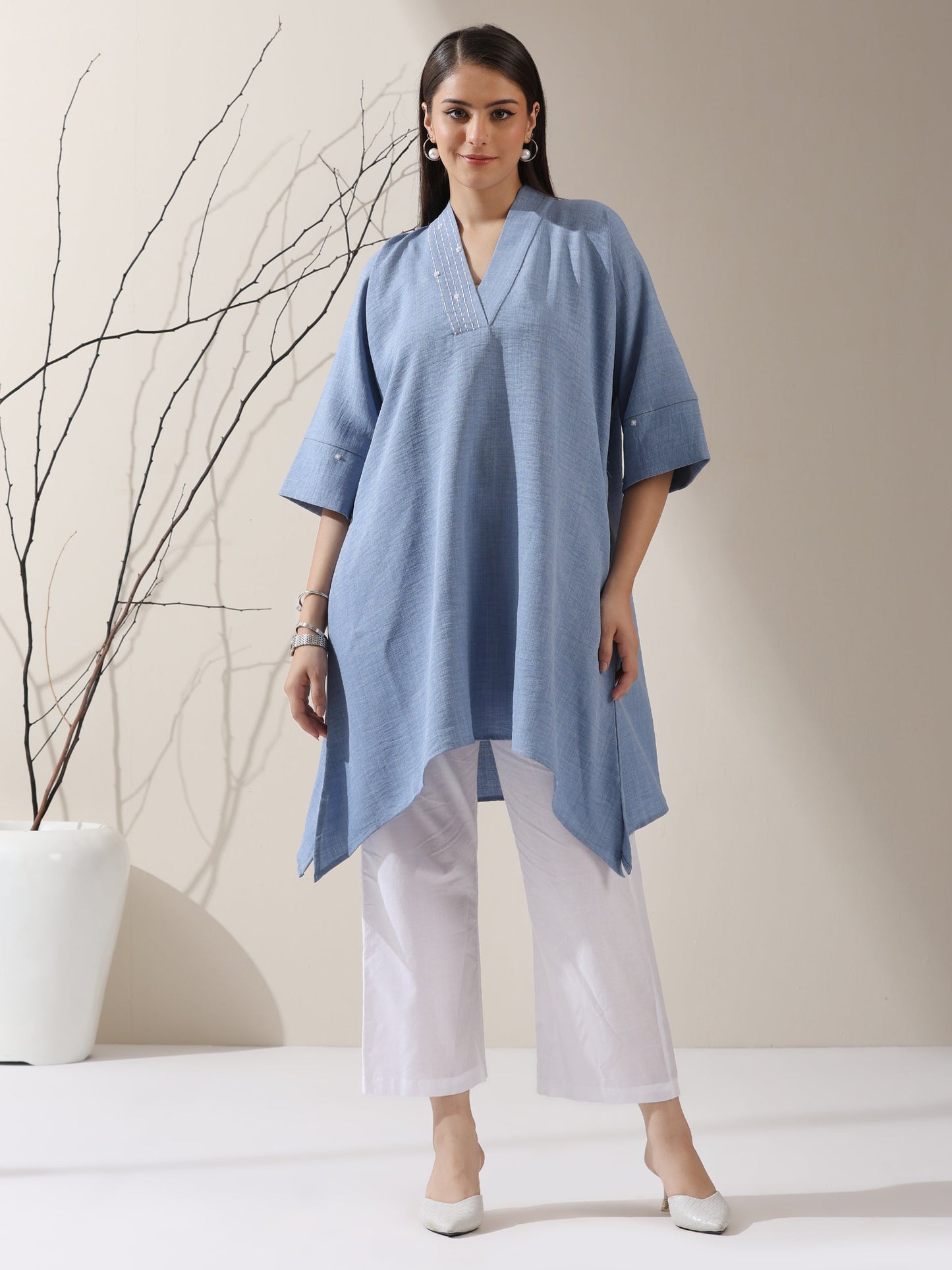 Dhiyona ST Women's Sky Blue Linen Blend Top with White Cotton Pants – 2-Piece Set with Half Sleeves | Casual Summer Co-ord