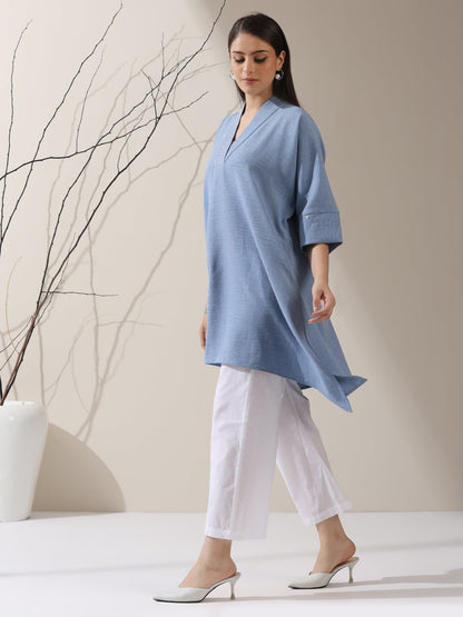 Dhiyona ST Women's Sky Blue Linen Blend Top with White Cotton Pants – 2-Piece Set with Half Sleeves | Casual Summer Co-ord