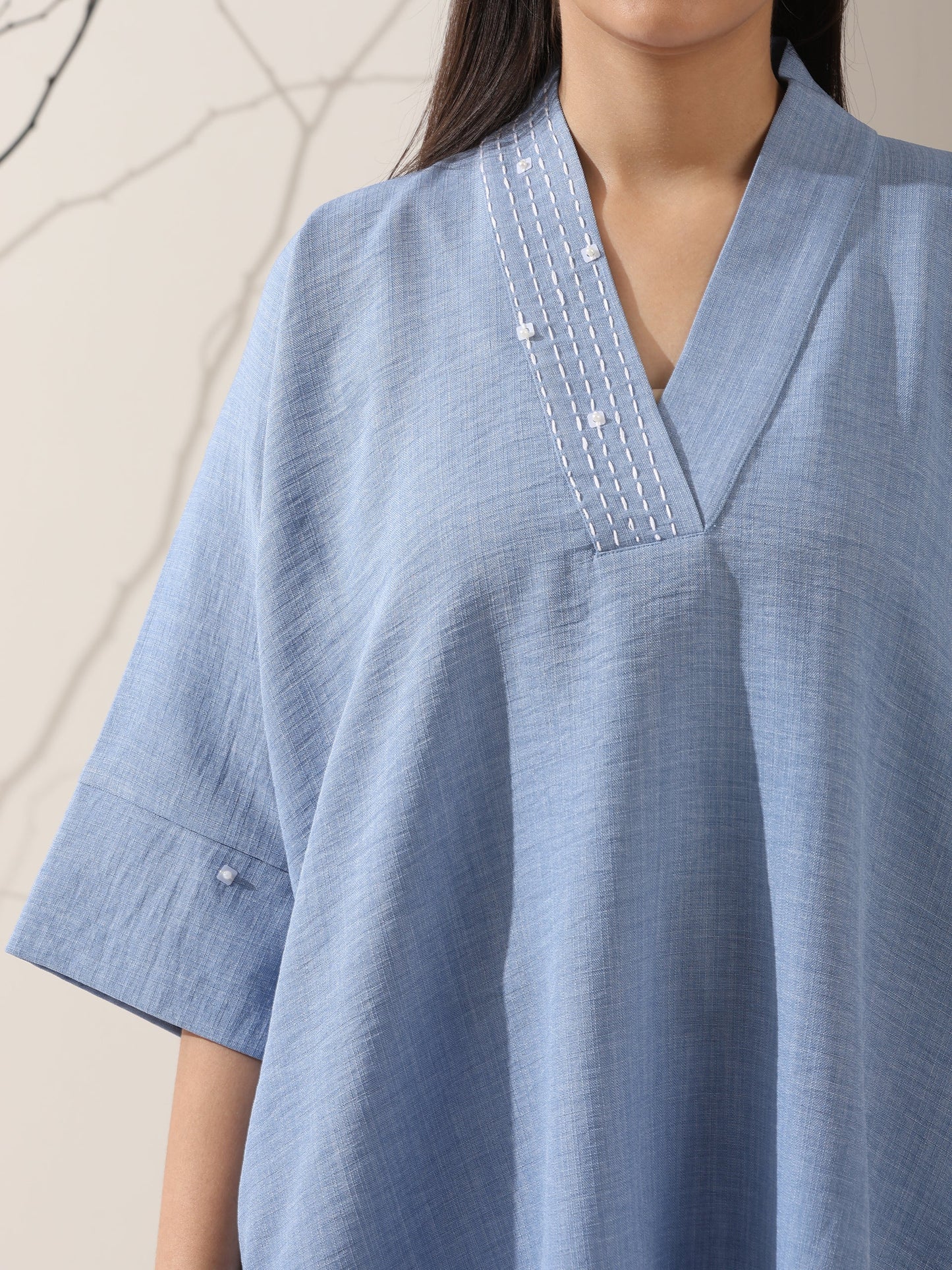 Dhiyona ST Women's Sky Blue Linen Blend Top with White Cotton Pants – 2-Piece Set with Half Sleeves | Casual Summer Co-ord
