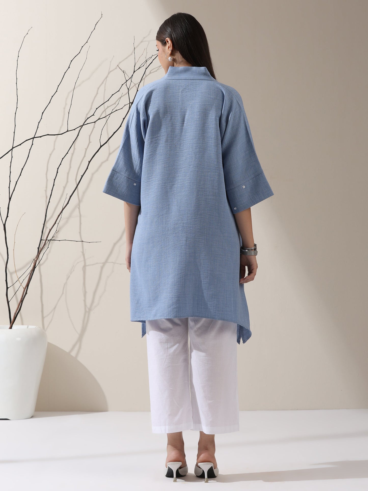 Dhiyona ST Women's Sky Blue Linen Blend Top with White Cotton Pants – 2-Piece Set with Half Sleeves | Casual Summer Co-ord