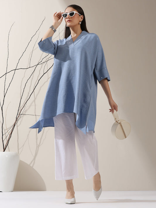 Dhiyona ST Women's Sky Blue Linen Blend Top with White Cotton Pants – 2-Piece Set with Half Sleeves | Casual Summer Co-ord