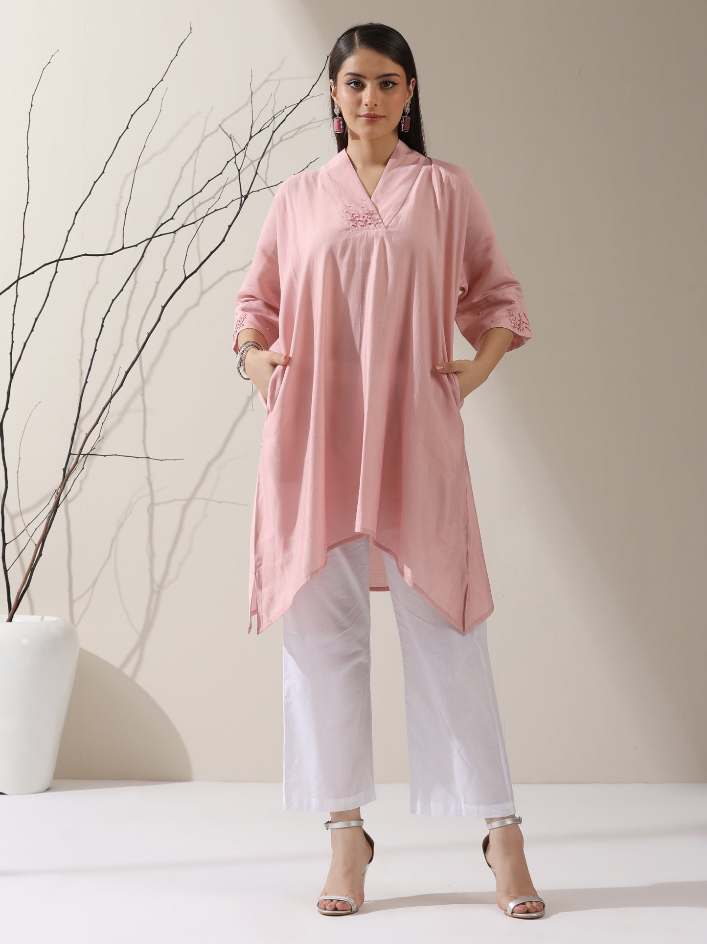 Dhiyona ST 2-Piece Pink AirSkin Kurta Set for Women – Japanese-Inspired Hand Embroidered Top with Matching Pants | Lightweight Ethnic Co-ord