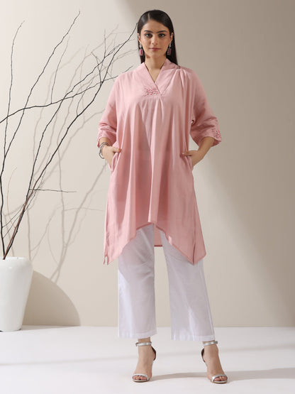 Dhiyona ST 2-Piece Pink AirSkin Kurta Set for Women – Japanese-Inspired Hand Embroidered Top with Matching Pants | Lightweight Ethnic Co-ord